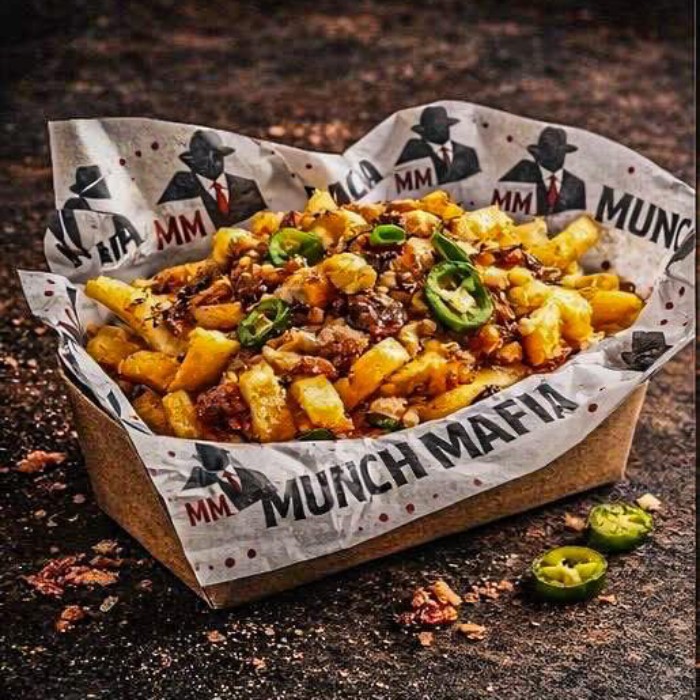 Loaded fries in a box served at Munch Mafia Takeaway in Greenock 